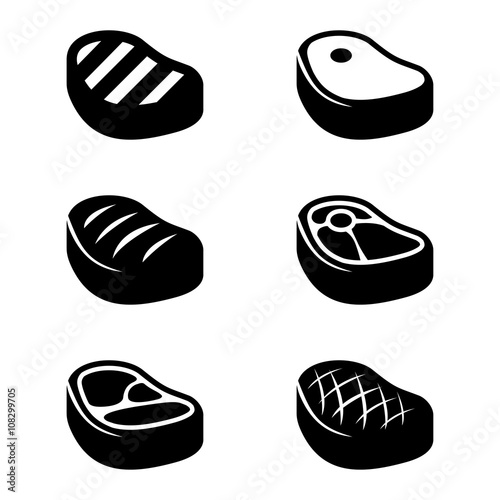 Vector black steak icons set. Beef meat steak icons. Grilled steak