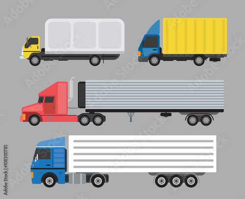 Trucks set. Side view. Cargo transportation. Flat style icons and illustration.