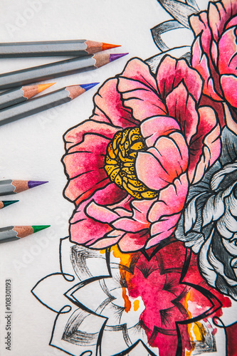 beautiful sketch drawing flowers with colored pencils lying on old wooden background