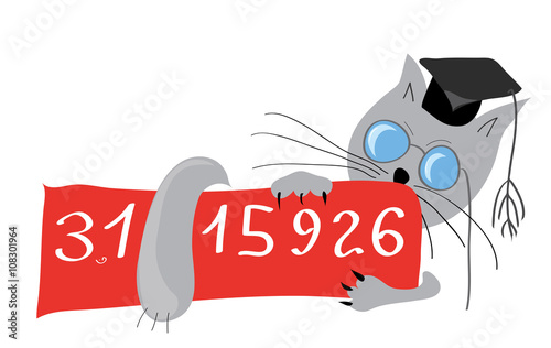 scientist code/Scientist cat with a sign on which to write the number pi