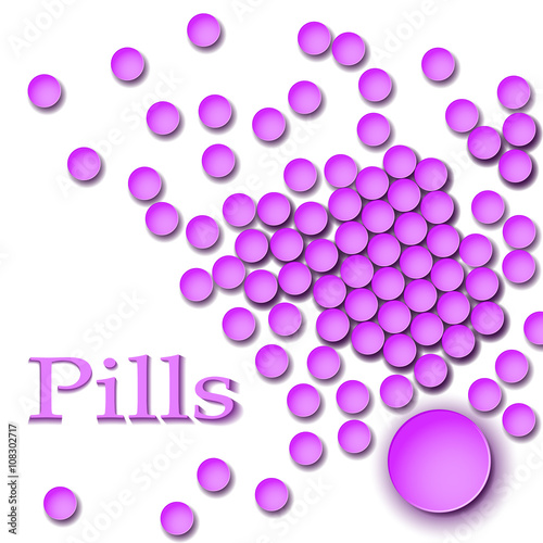 Pink pills. Scattering of pills. Tablets top view. Pills isolated on white photo