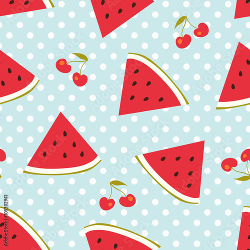 Watermelon and cherries seamless pattern with polka dots
