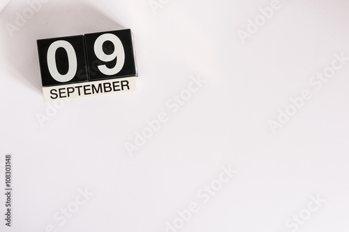 September 9th. Image of september 9 wooden table calendar on white background. Autumn day. Empty space for text. International Beauty Day