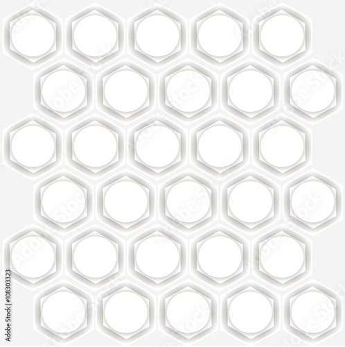 Fototapeta Naklejka Na Ścianę i Meble -  Symmetrical abstract background. White hexagons with grey shadows, white circles on light grey, vector