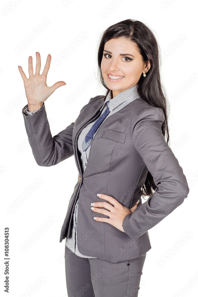 portrait of young business woman in gray suit showing five fingers. Hand counting. isolated on white background. business and lifestyle concept portrait of young business woman in gray suit showing five fingers. Hand counting. isolated on white background. business and lifestyle concept