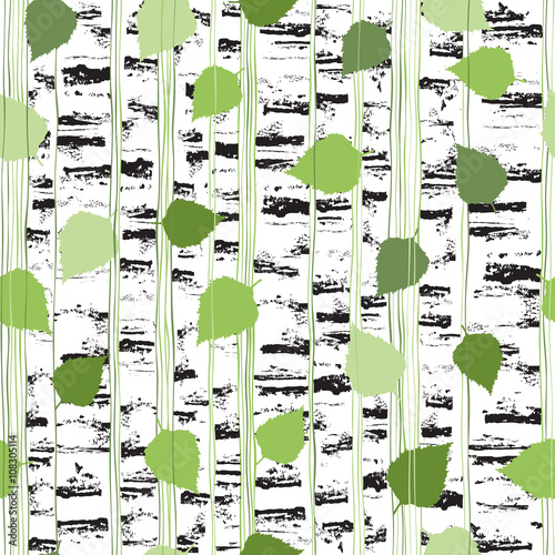 Vector seamless background of birch trunks and foliage.
