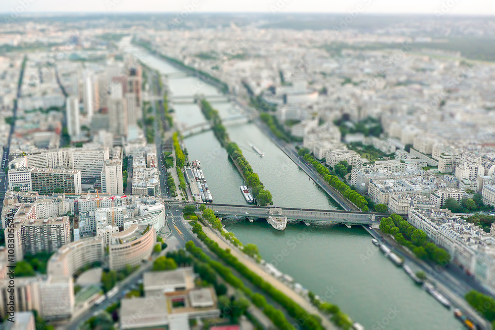 Panoramic view of Paris, France. Tilt-shift effect applied