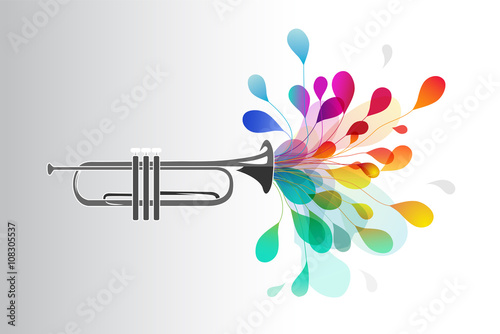 Gold trumpet with abstract colorful flowers on light background.