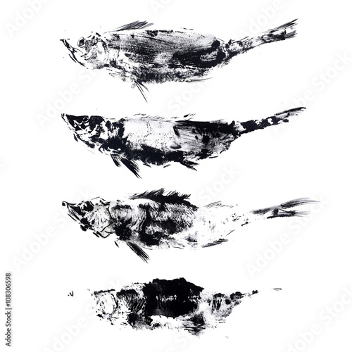 outline ink print on white ground, black fish stamp.