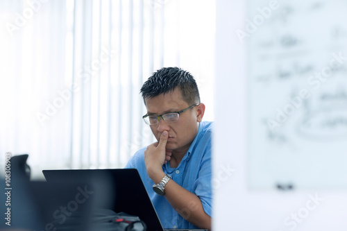 Photography Asian Businessman Sitting Desk Working Laptop Pondering