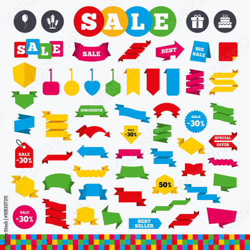 Birthday party icons. Cake and gift box symbol