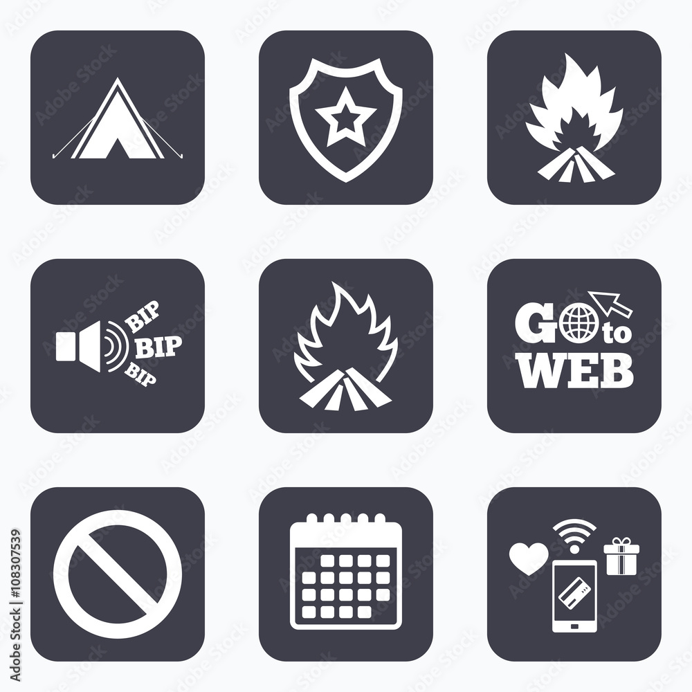 Tourist camping tent sign. Fire flame icons. Tourist camping tent sign. Fire flame icons.