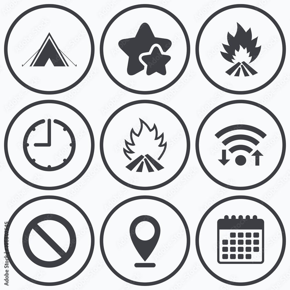 Tourist camping tent sign. Fire flame icons. Tourist camping tent sign. Fire flame icons.