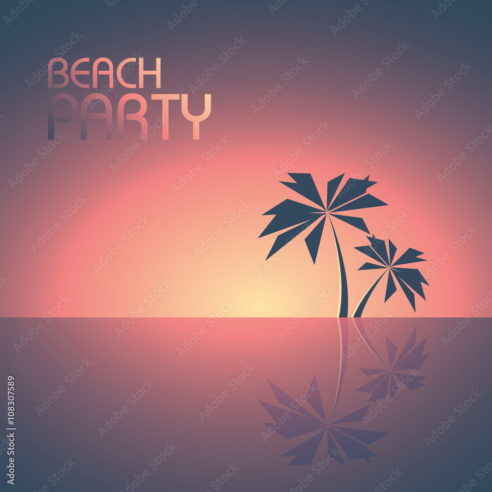 Beach party poster template with palm trees on the horizon vector background. Summer illustration concept for travel and fun.