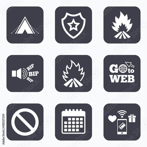 Tourist camping tent sign. Fire flame icons.