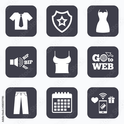 Clothes signs. T-shirt with tie and pants.