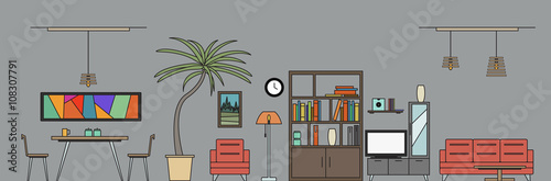 Living Room and Dining Room with Furniture. Design House Rooms. Vector Illustration.