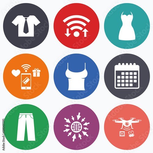 Clothes signs. T-shirt with tie and pants.