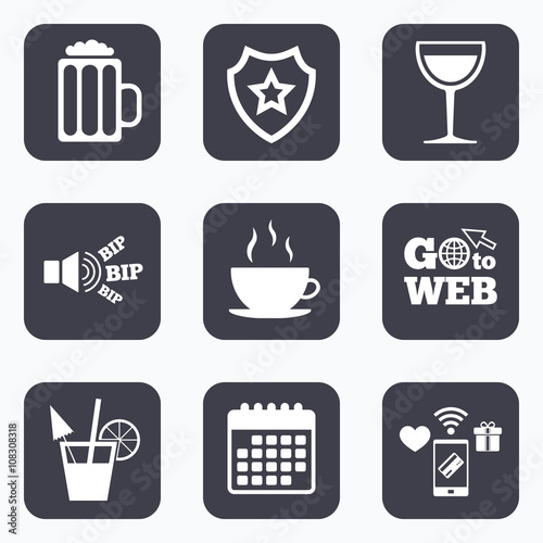 Drinks signs. Coffee cup, glass of beer icons.
