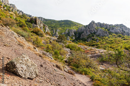 Famous "Ghost Valley" with strangly shaped rocks. Demerdji mountains. Crimea, Russia.