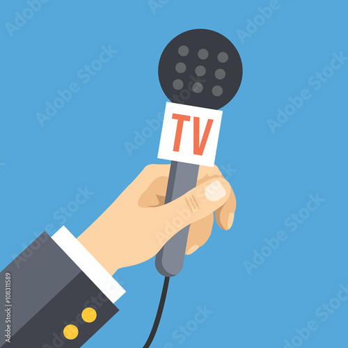 Hand with microphone. News, interview, press conference, live event flat concept. Vector illustration