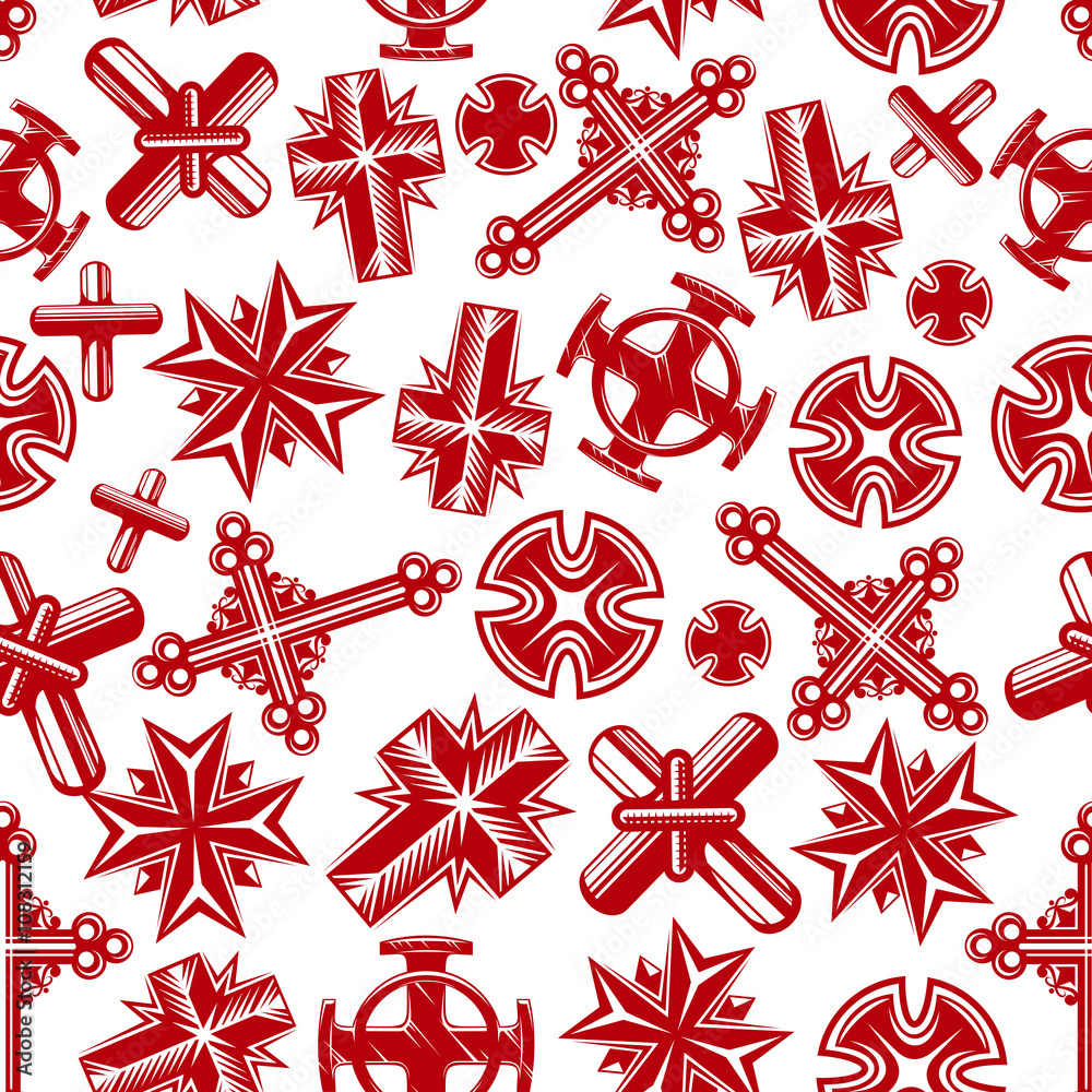 Ancient christian crucifixes red seamless pattern - obrazy, fototapety, plakaty 