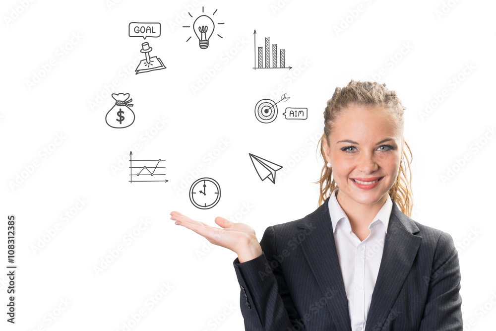 Success businesswoman drawing business icon and chart Success businesswoman drawing business icon and chart