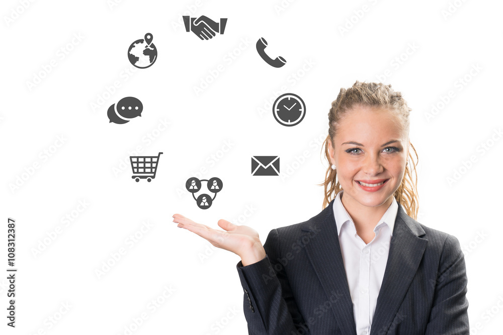 Success businesswoman drawing business icon and chart Success businesswoman drawing business icon and chart