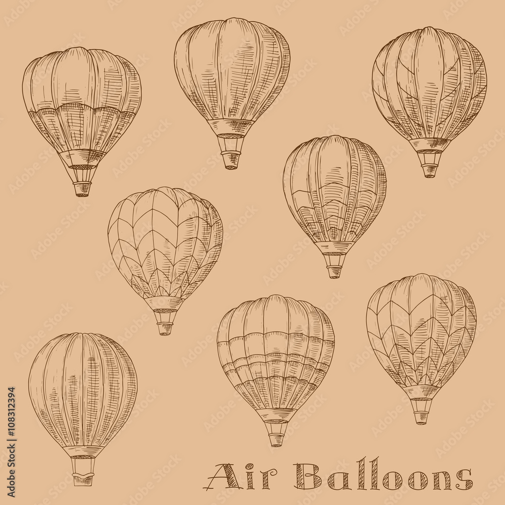 Naklejka premium Flying hot air balloons retro engraving sketches