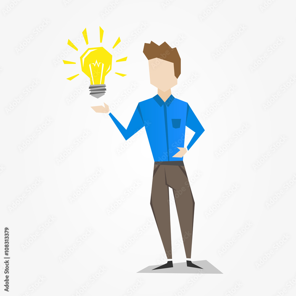 Man with light bulb vector illustration. Person standing with bright light bulb creative concept. Idea metaphor graphic design.
Man with light bulb vector illustration. Person standing with bright light bulb creative concept. Idea metaphor graphic design.