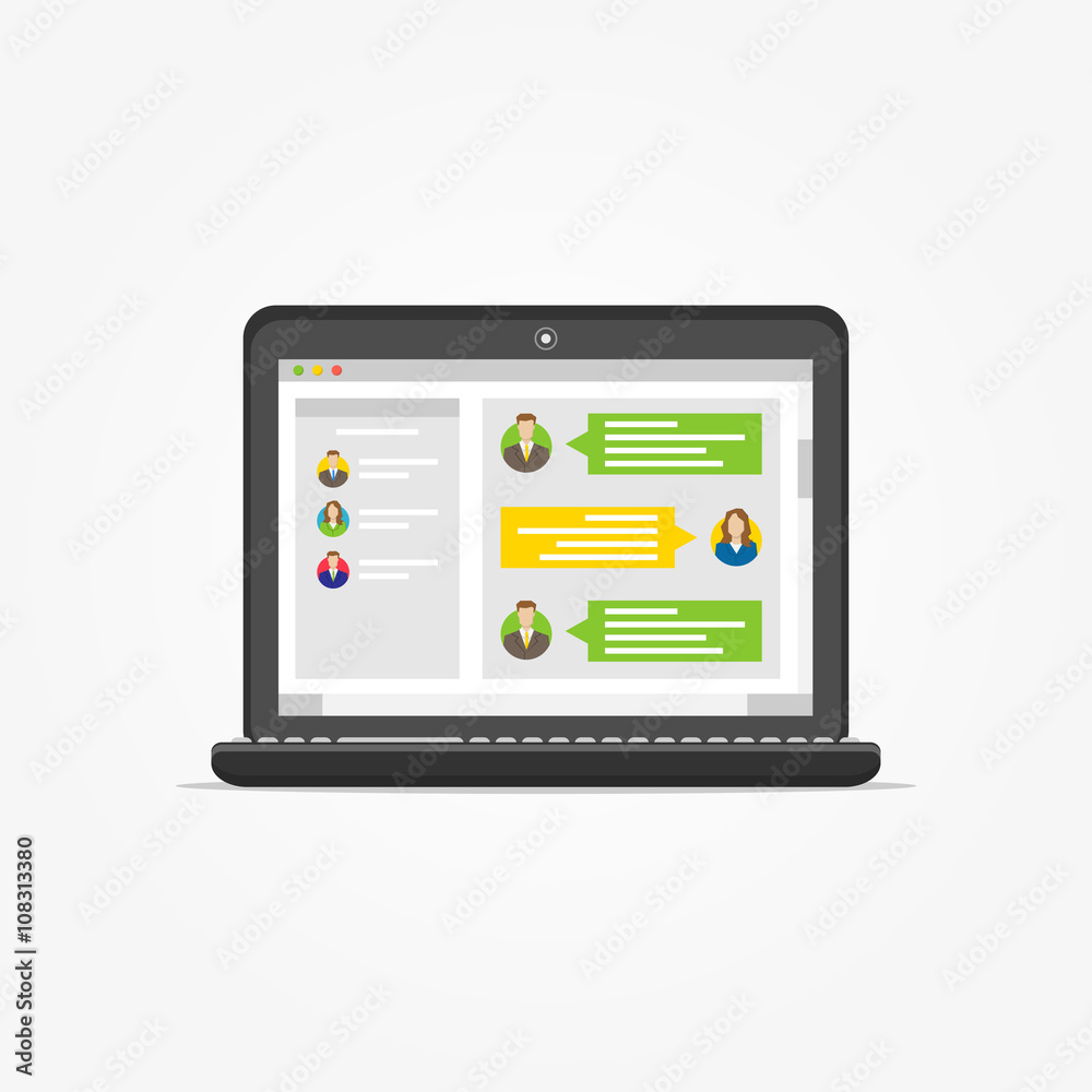 Laptop with messenger application vector illustration. Messenger app creative concept. Application for communication graphic design.

