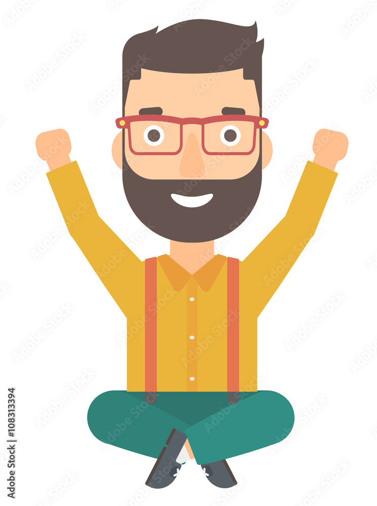 Man sitting with crossed legs and raised hands up. Man sitting with crossed legs and raised hands up.