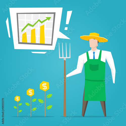 Businessman farmer with dollar plants and diagram (growth)  vector illustration. Business character creative concept.
