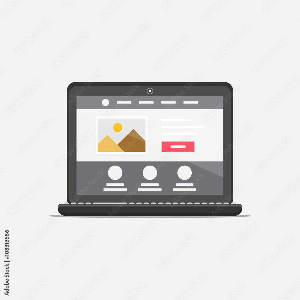 Landing page laptop isolated vector illustration. Responsive (adaptive) web design technology creative concept. Minimal user interface landing page graphic design.
