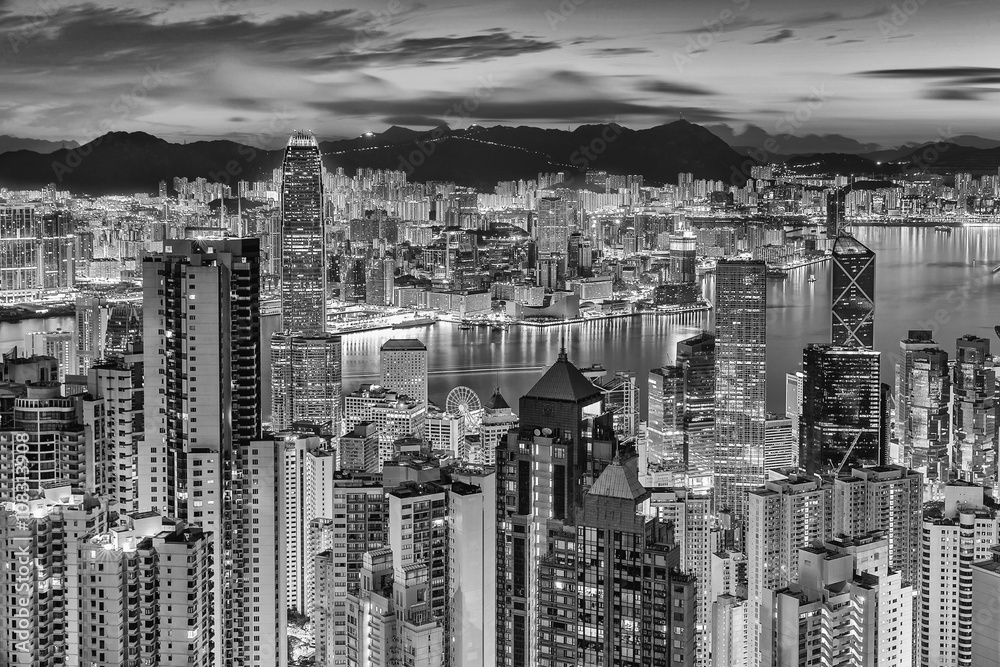 Hong Kong skyline aerial view from victoria peak,black and white Hong Kong skyline aerial view from victoria peak,black and white