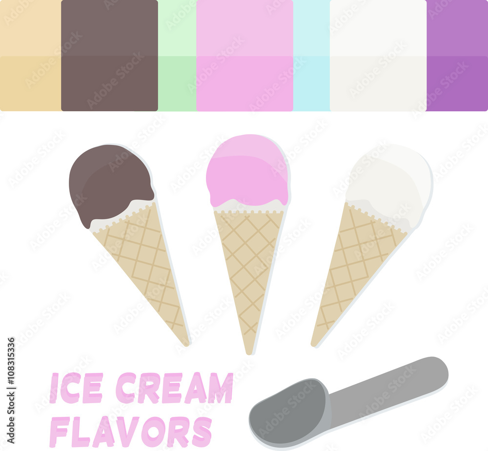 3 scoops of ice cream in a 3 cone, 3 and more flavors - strawberry, chocolate, vanilla