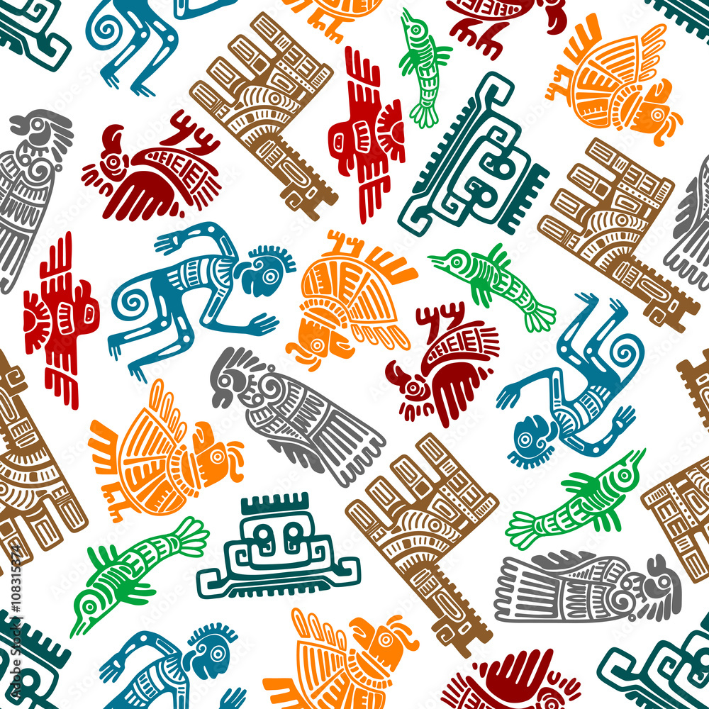 Mayan and aztec tribal totems seamless pattern