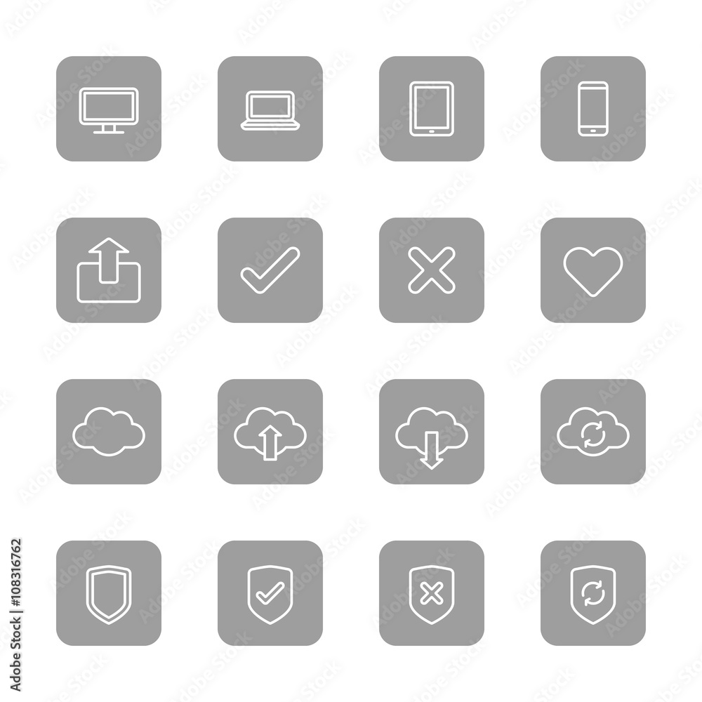 line web icon set on gray rounded rectangle for web design, user interface (UI), infographic and mobile application (apps)