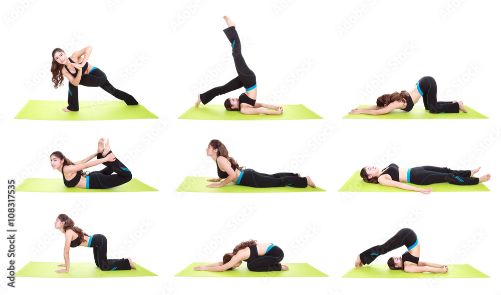 Obraz premium set of young woman doing yoga exercise isolated on white backgro