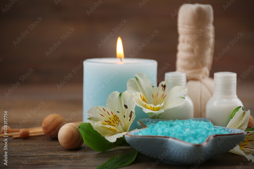 Spa still life in light blue color on wooden background Spa still life in light blue color on wooden background