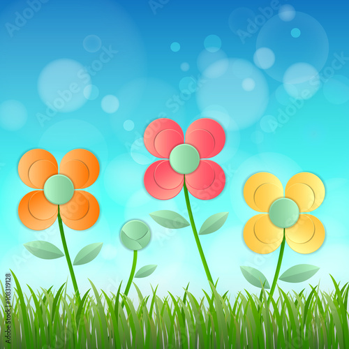 Field of flower fresh spring on blue background with bokeh  Vector illustration