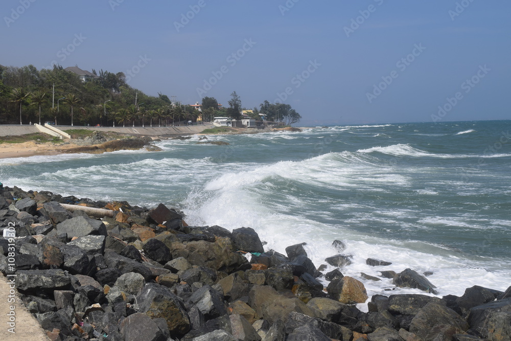 fishing village in coastline with the strong wave