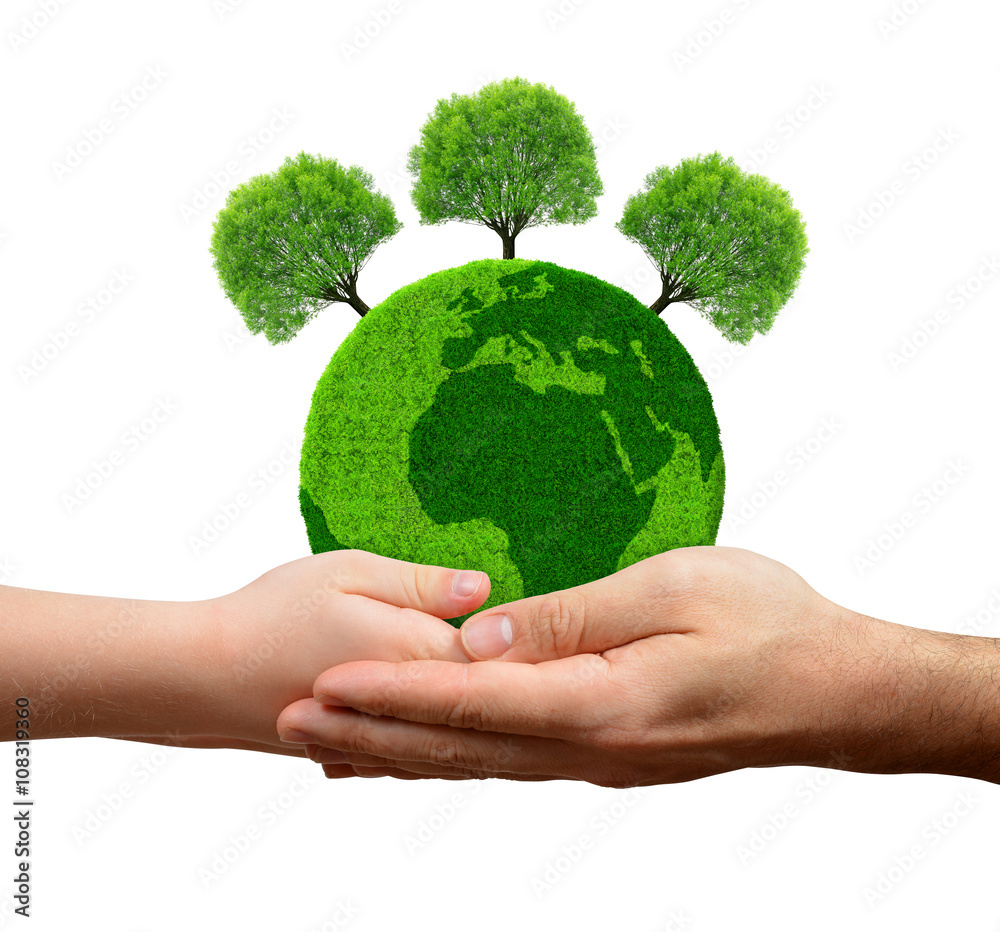 Green planet with trees in hands isolated on white background