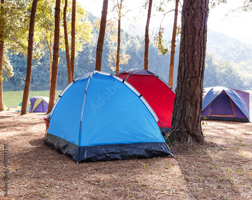 Tents of traveler in camping site near lake