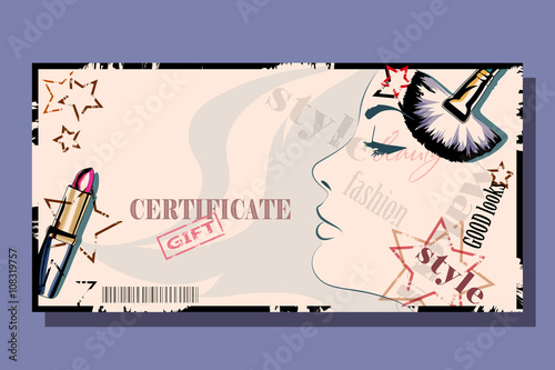 Template card for beauty invitation or gift certificate on stars background with lipstick, girl face silhouette and brush. Stylish fashion Vector illustration