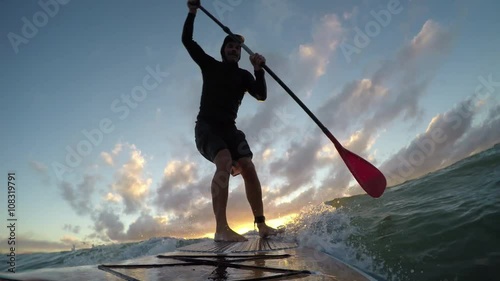 Stand up paddle board surfing a wave at sunset