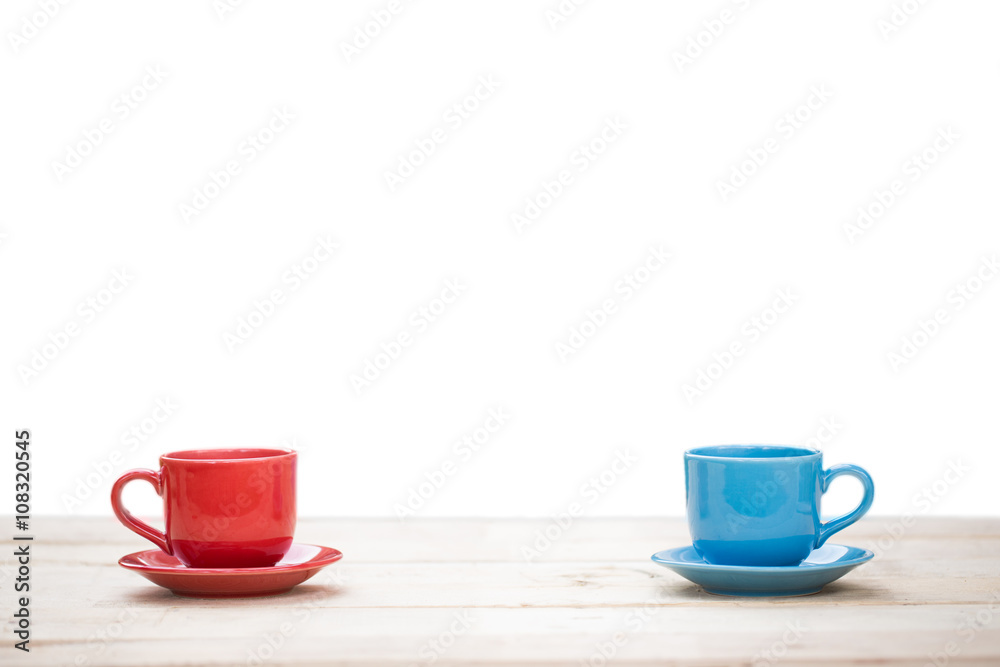Two cups of coffee on table with white background Two cups of coffee on table with white background