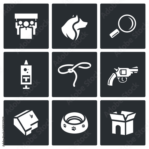 Vector Set of Animal Protection Icons. Protest, Animal, Search, Vaccination, Catching, Shooting, House, Food, Wandering.