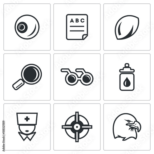 Vector Set of Human Vision Icons. Eye, Braille, Lens, Surveillance, Blindness, Prevention, Optometrist, Laser Correction, Acuity.