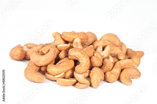 closeup of roasted cashew on white background